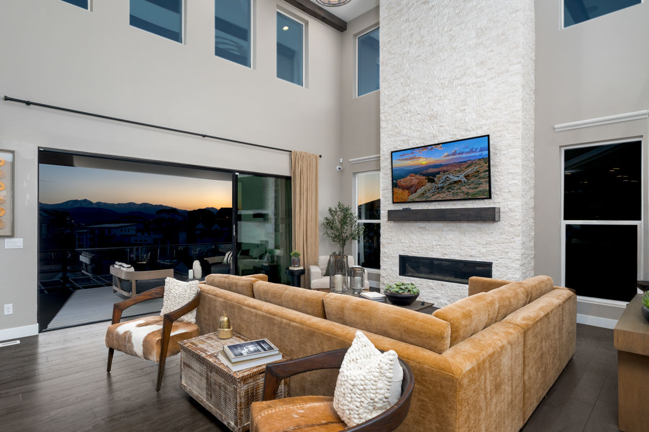 A picture of a family room with a sunset view